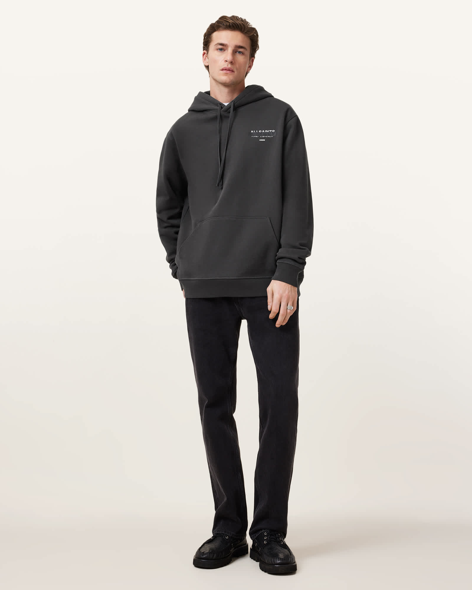 All Saints Redact Pullover Embroidered Logo Hoodie Washed Black