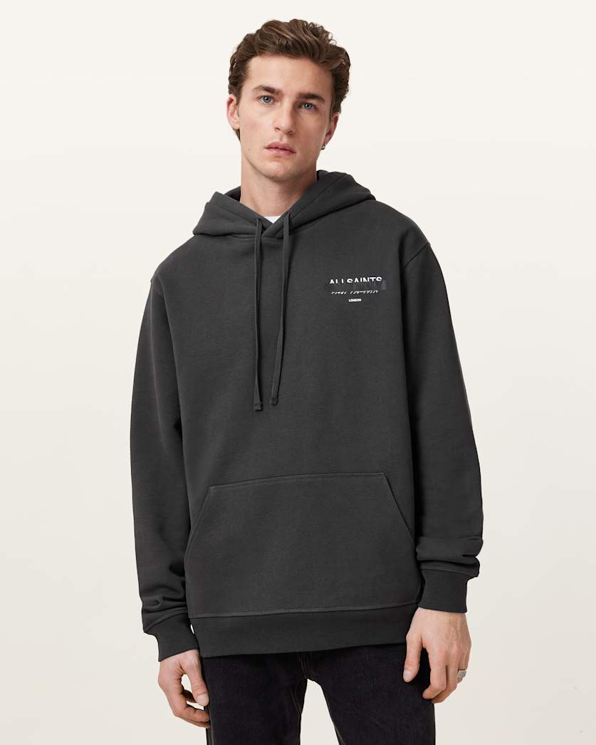 all saints Redact Pullover Embroidered Logo Hoodie Washed Black
