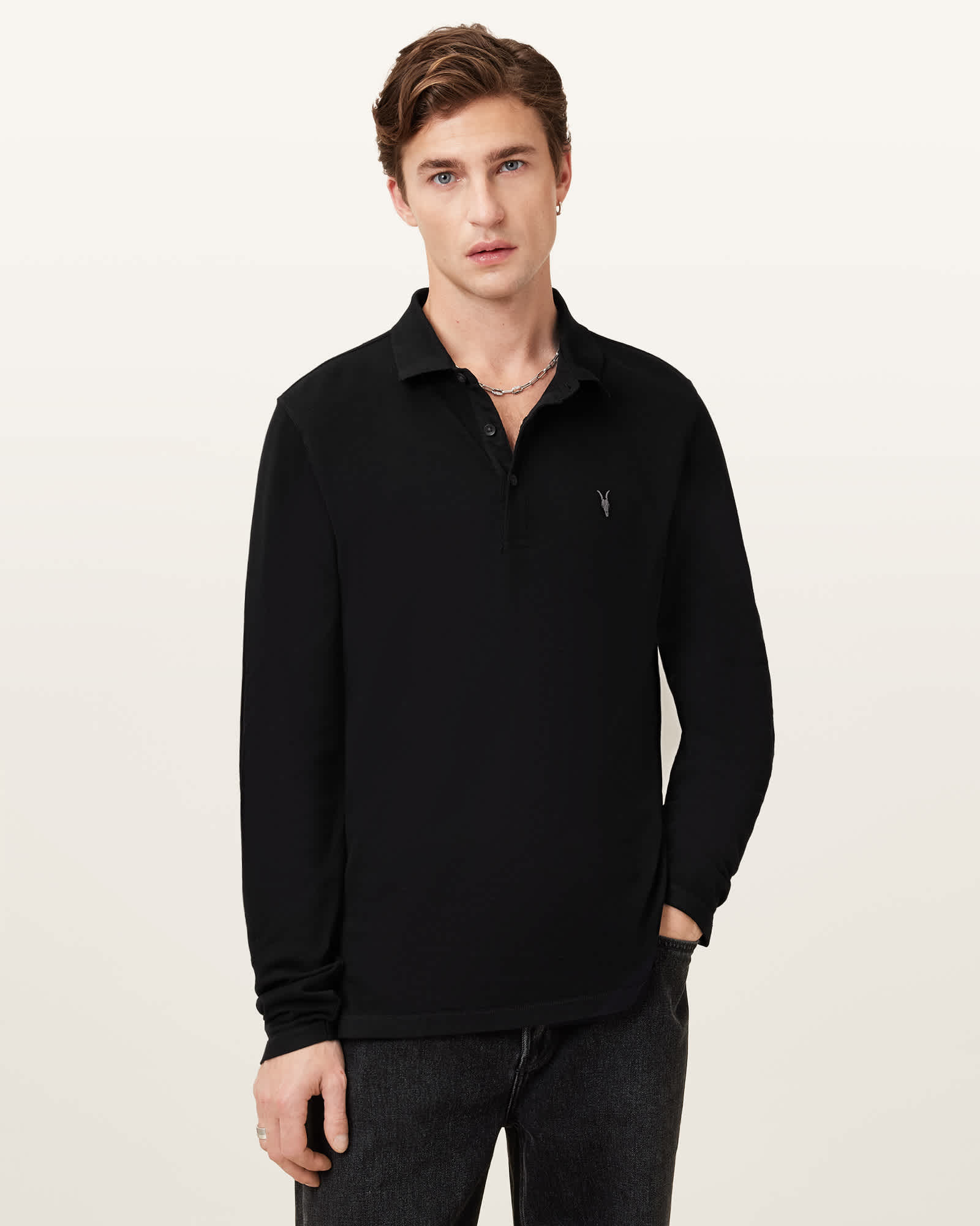 All Saints Reform Long Sleeve Ramskull Polo Shirt Black
