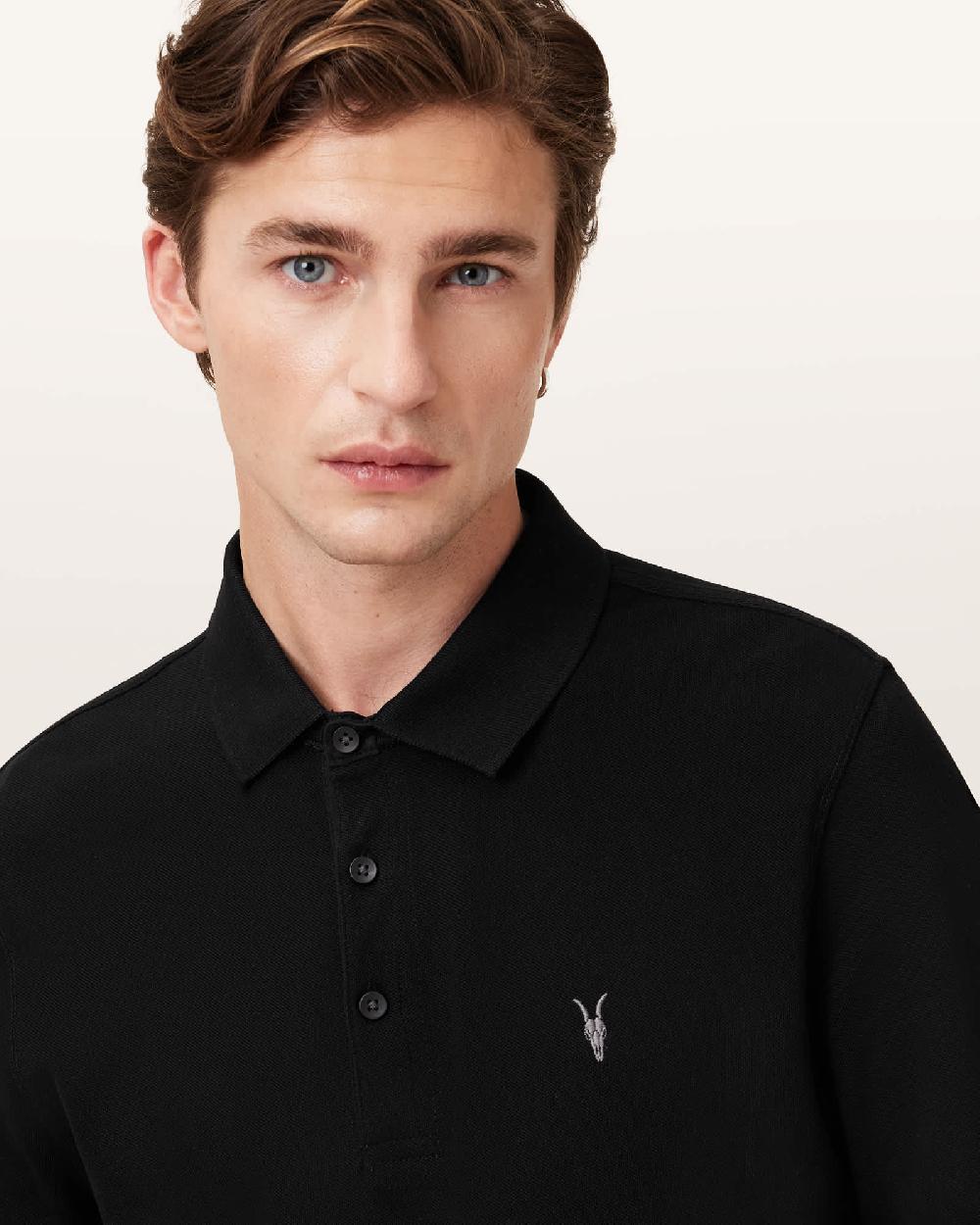 All Saints Reform Long Sleeve Ramskull Polo Shirt Black
