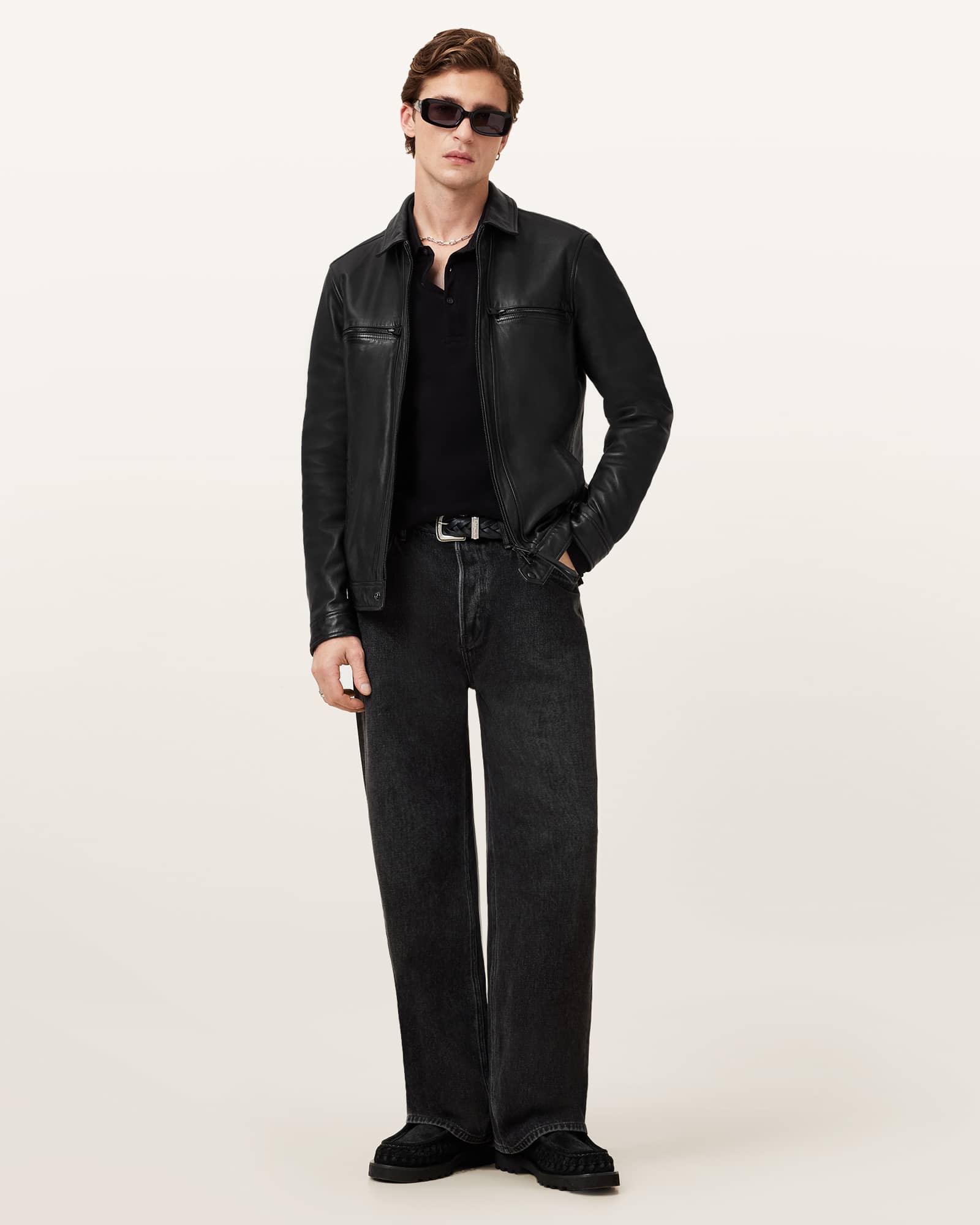 All Saints Reform Long Sleeve Ramskull Polo Shirt Black