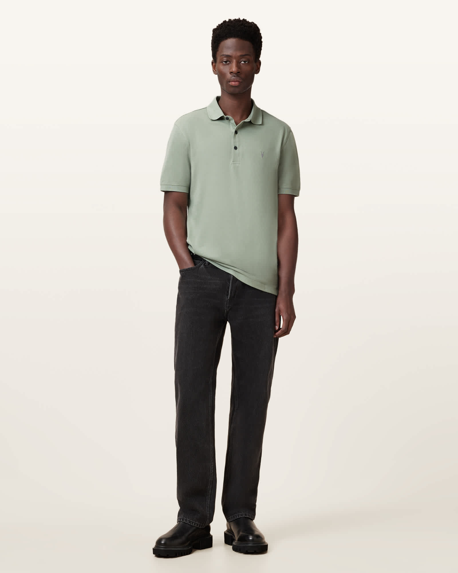All Saints Reform Short Sleeve Polo Shirt Mineral Green