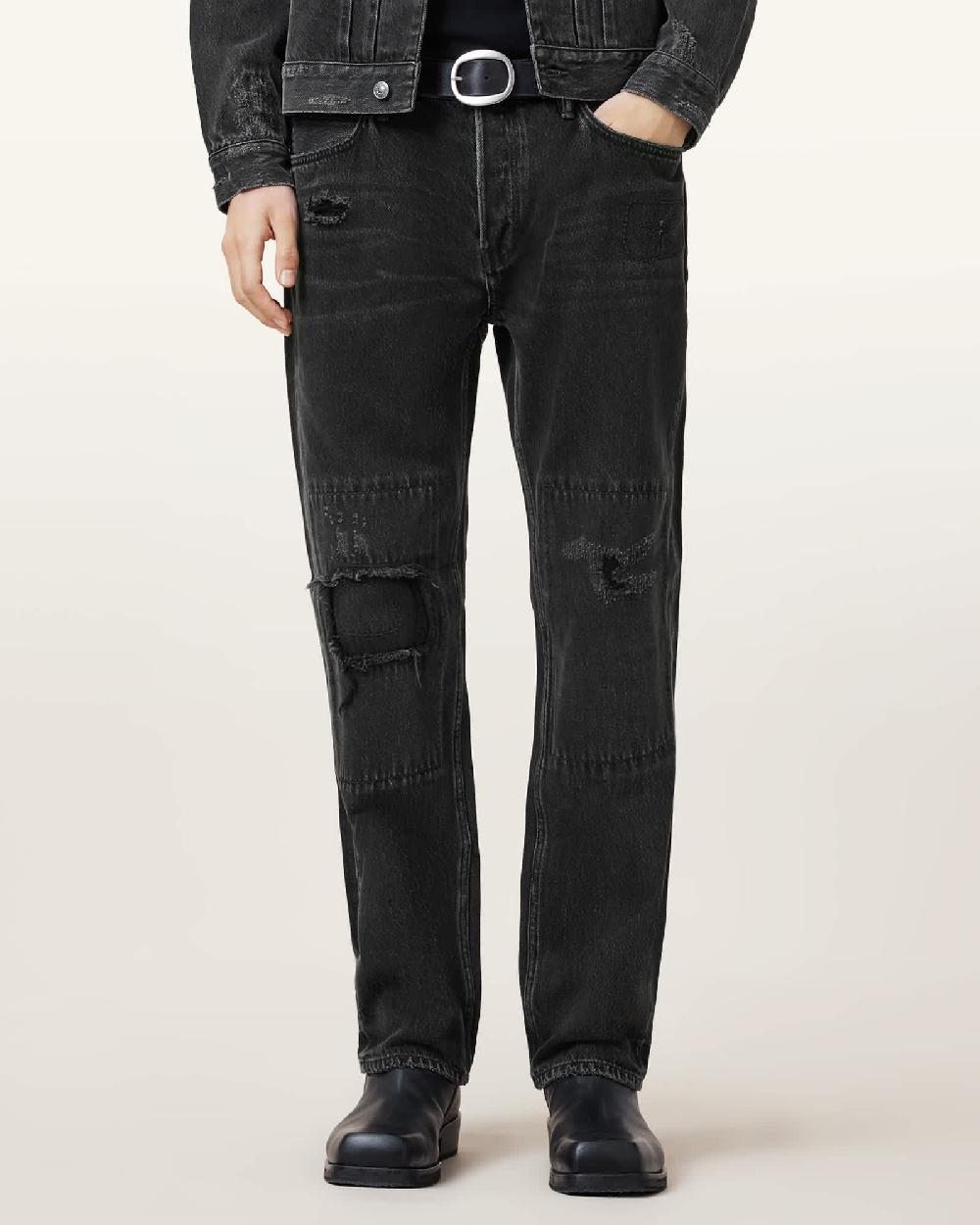 All Saints Reid Repair Distressed Straight Leg Jeans Black