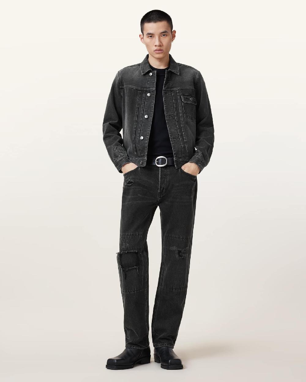 All Saints Reid Repair Distressed Straight Leg Jeans Black