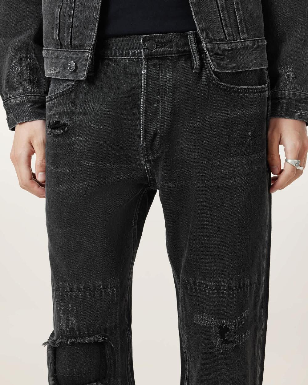 All Saints Reid Repair Distressed Straight Leg Jeans Black