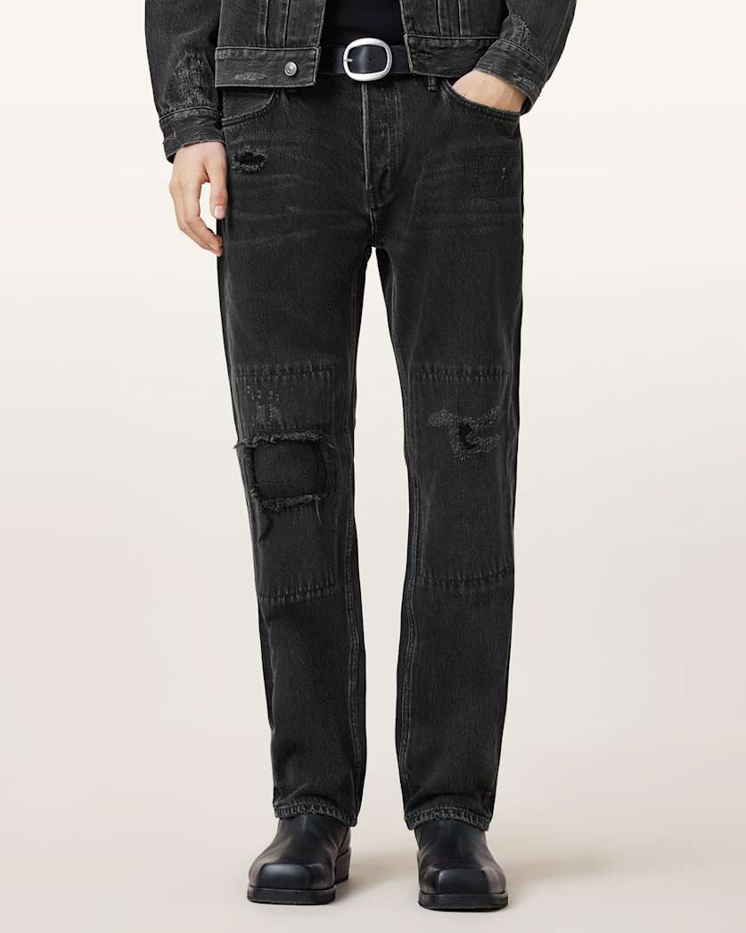 all saints Reid Repair Distressed Straight Leg Jeans Black