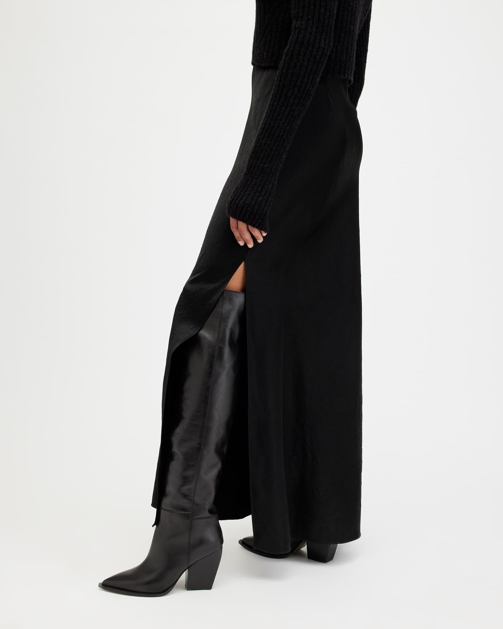 All Saints Reina Knee High Pointed Leather Boots Black