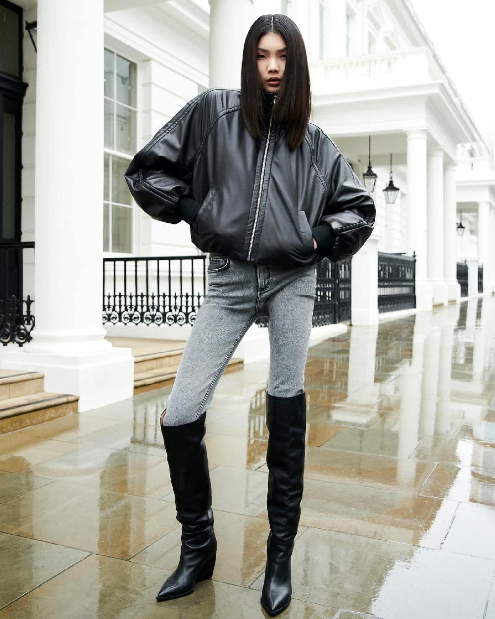 All Saints Reina Knee High Pointed Leather Boots Black