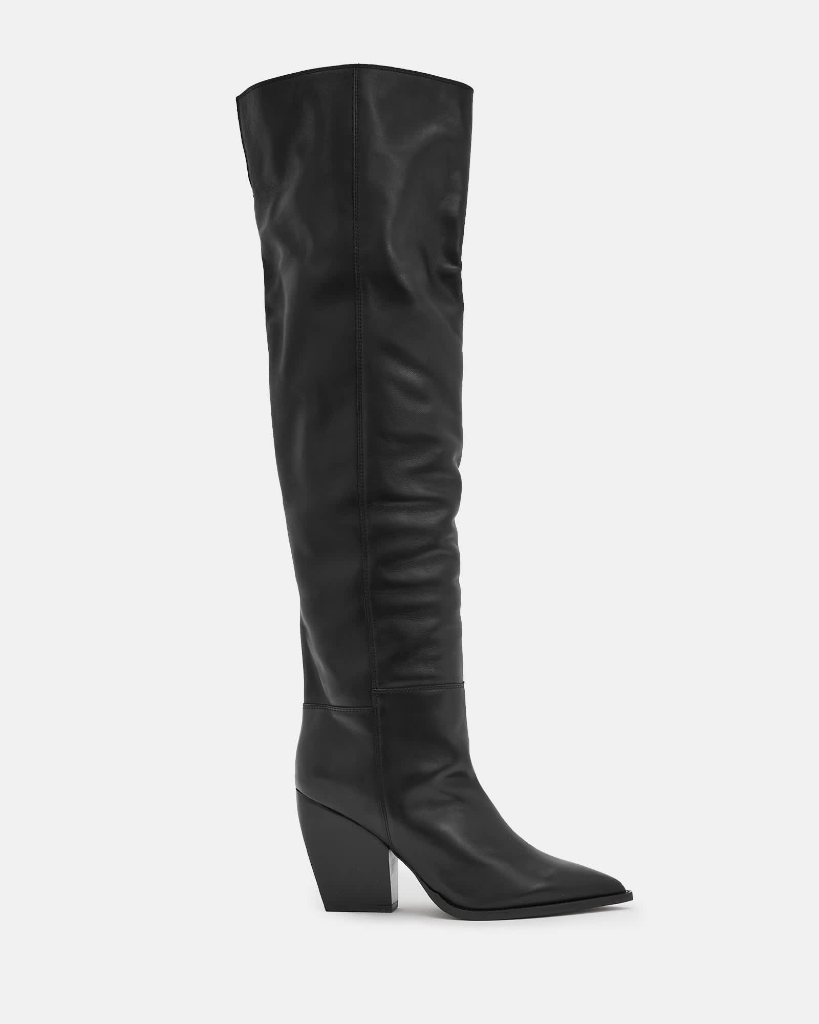 All Saints Reina Knee High Pointed Leather Boots Black