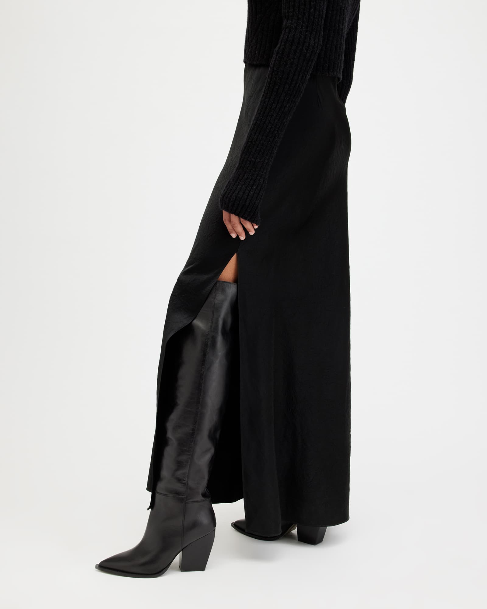 All Saints Reina Knee High Pointed Leather Boots Black