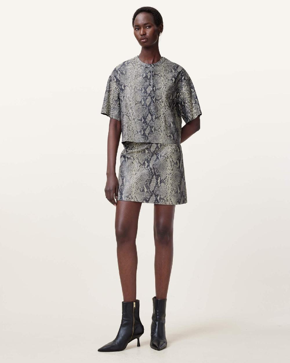 All Saints Renai Foil Snake Print Suede T-Shirt Natural White