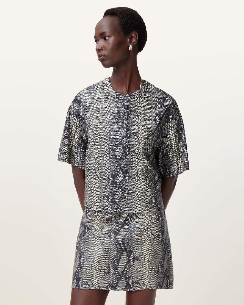 All Saints Renai Foil Snake Print Suede T-Shirt Natural White