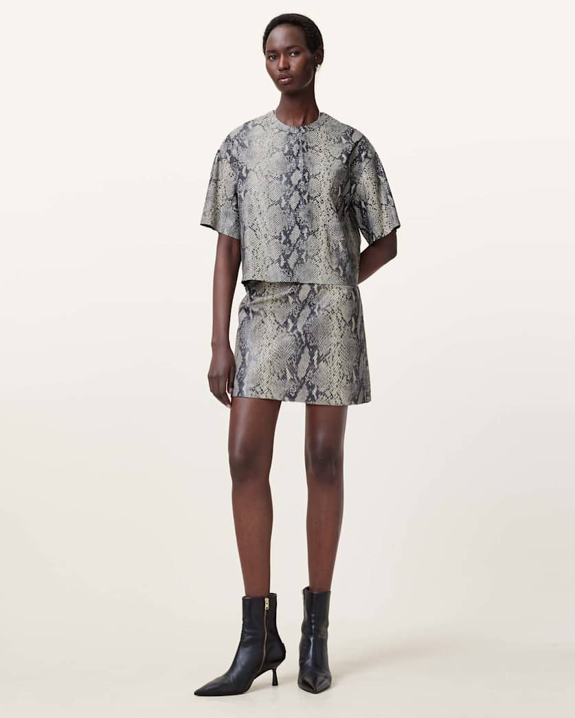 all saints Renai Foil Snake Print Suede T-Shirt Natural White