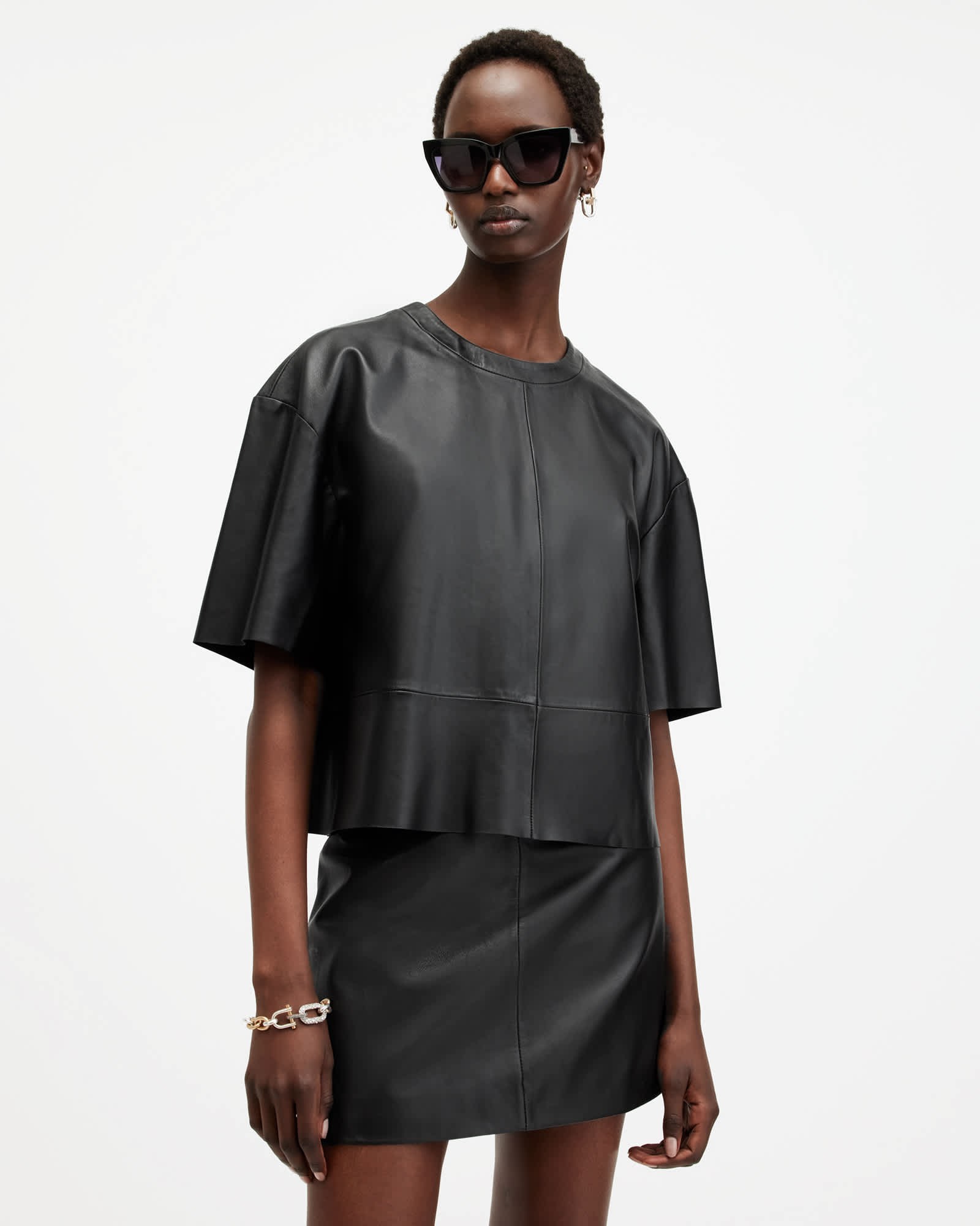 All Saints Renai Short Sleeve Leather T-Shirt Black