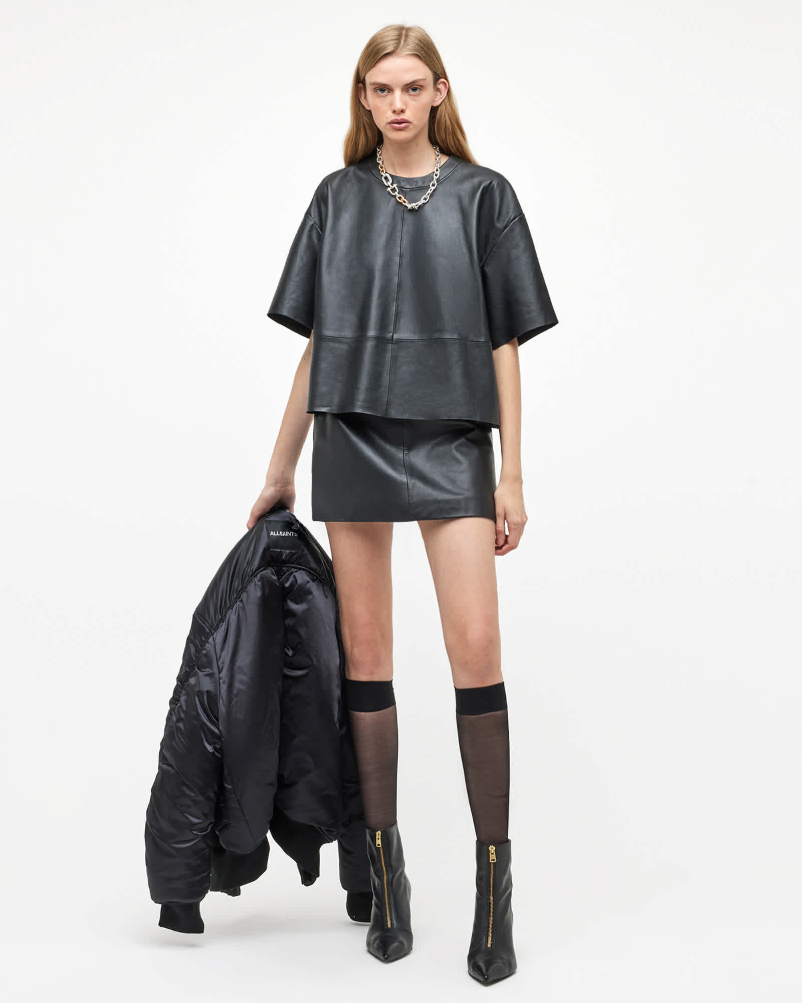 All Saints Renai Short Sleeve Leather T-Shirt Black