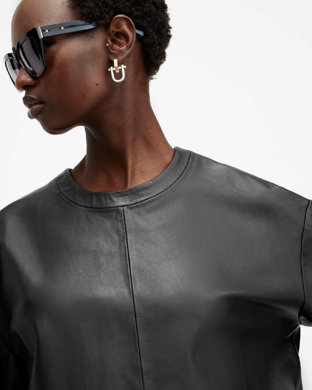 All Saints Renai Short Sleeve Leather T-Shirt Black