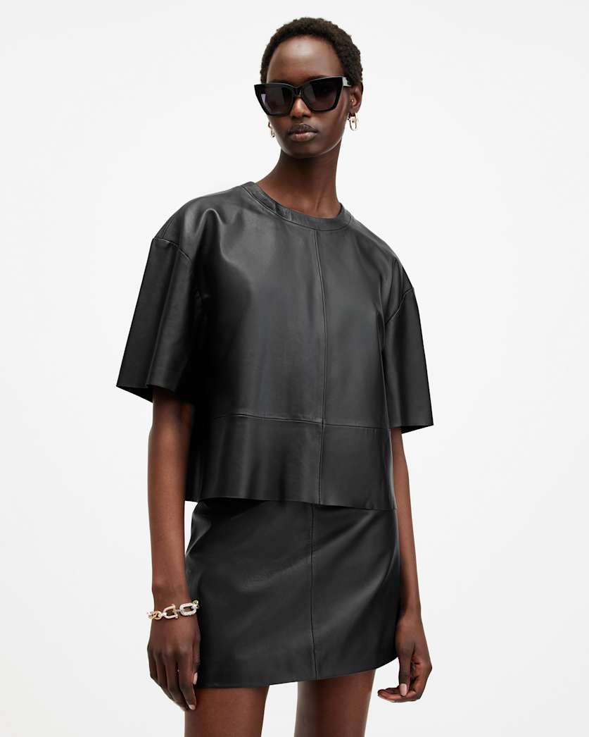all saints Renai Short Sleeve Leather T-Shirt Black