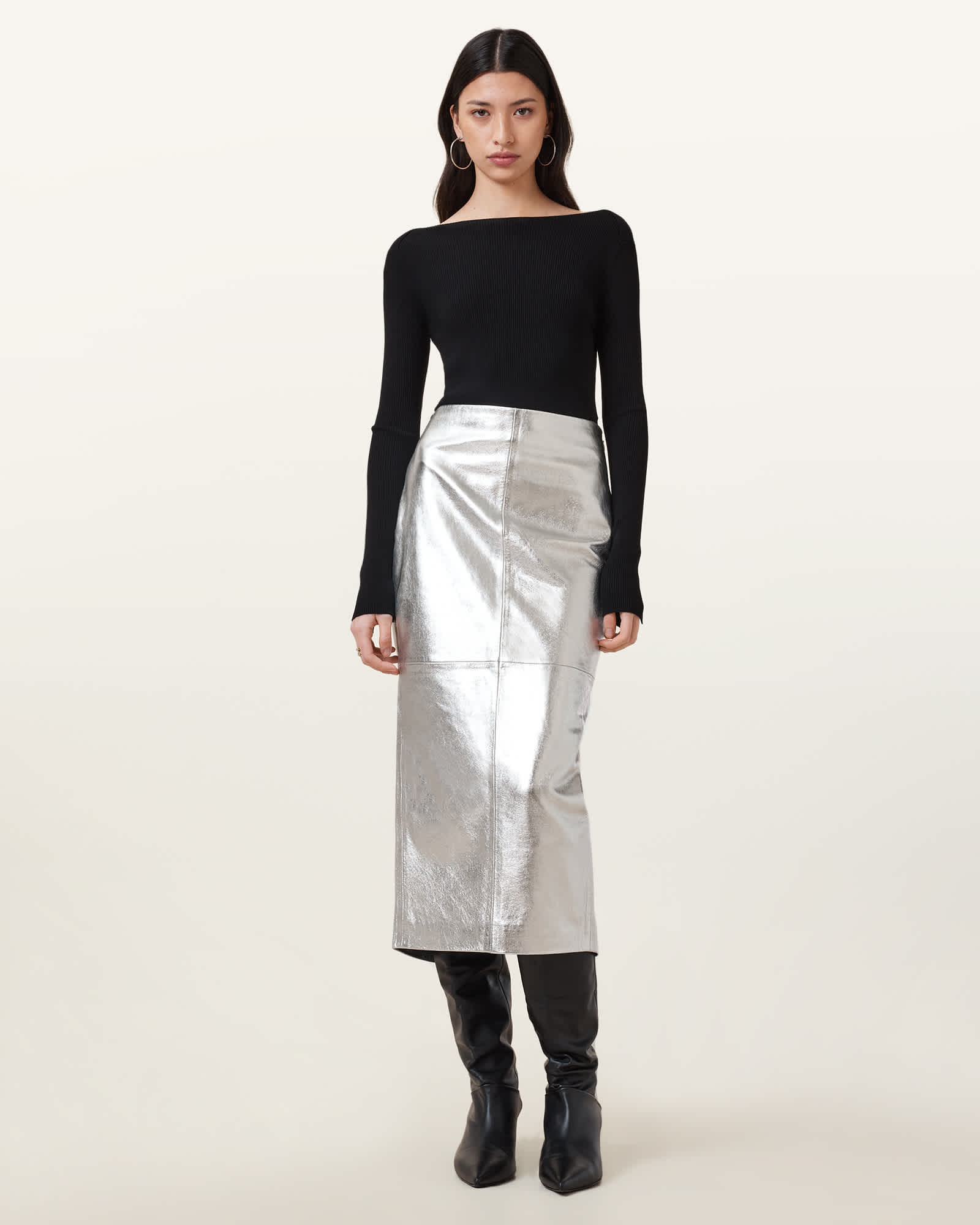 All Saints Renai Slim Fit Leather Pencil Skirt Silver