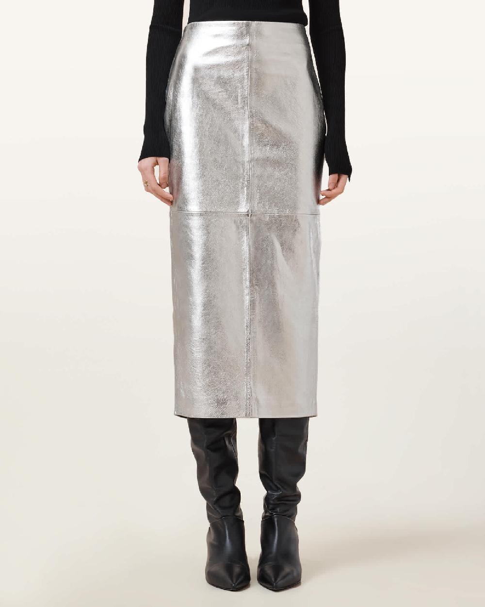 All Saints Renai Slim Fit Leather Pencil Skirt Silver