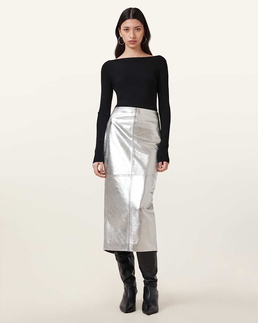 all saints Renai Slim Fit Leather Pencil Skirt Silver