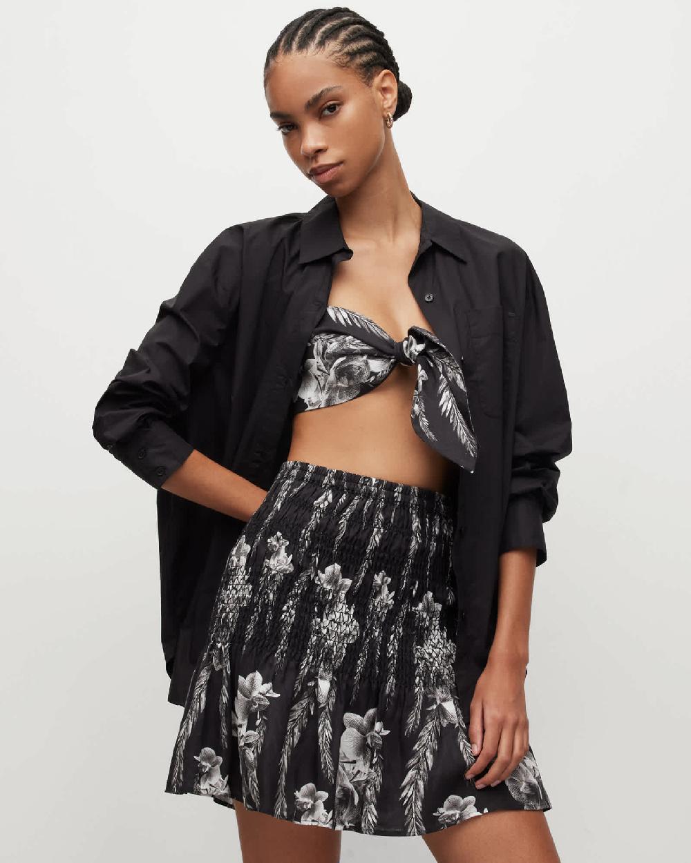 All Saints Riah Mia Linen Floral Bandeau Tie Top Black