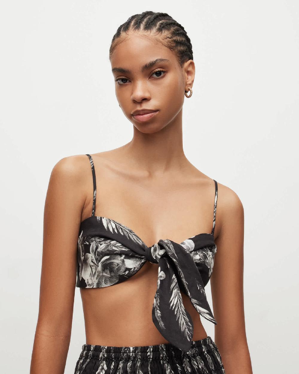 All Saints Riah Mia Linen Floral Bandeau Tie Top Black