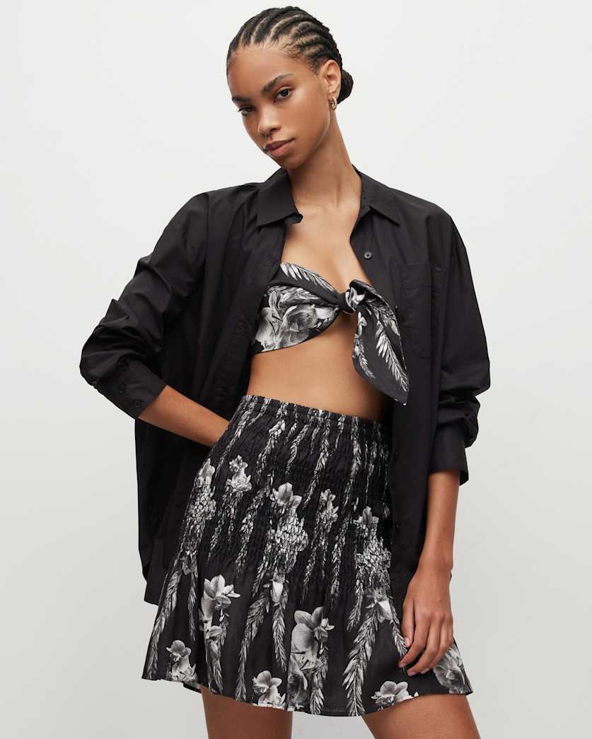 all saints Riah Mia Linen Floral Bandeau Tie Top Black