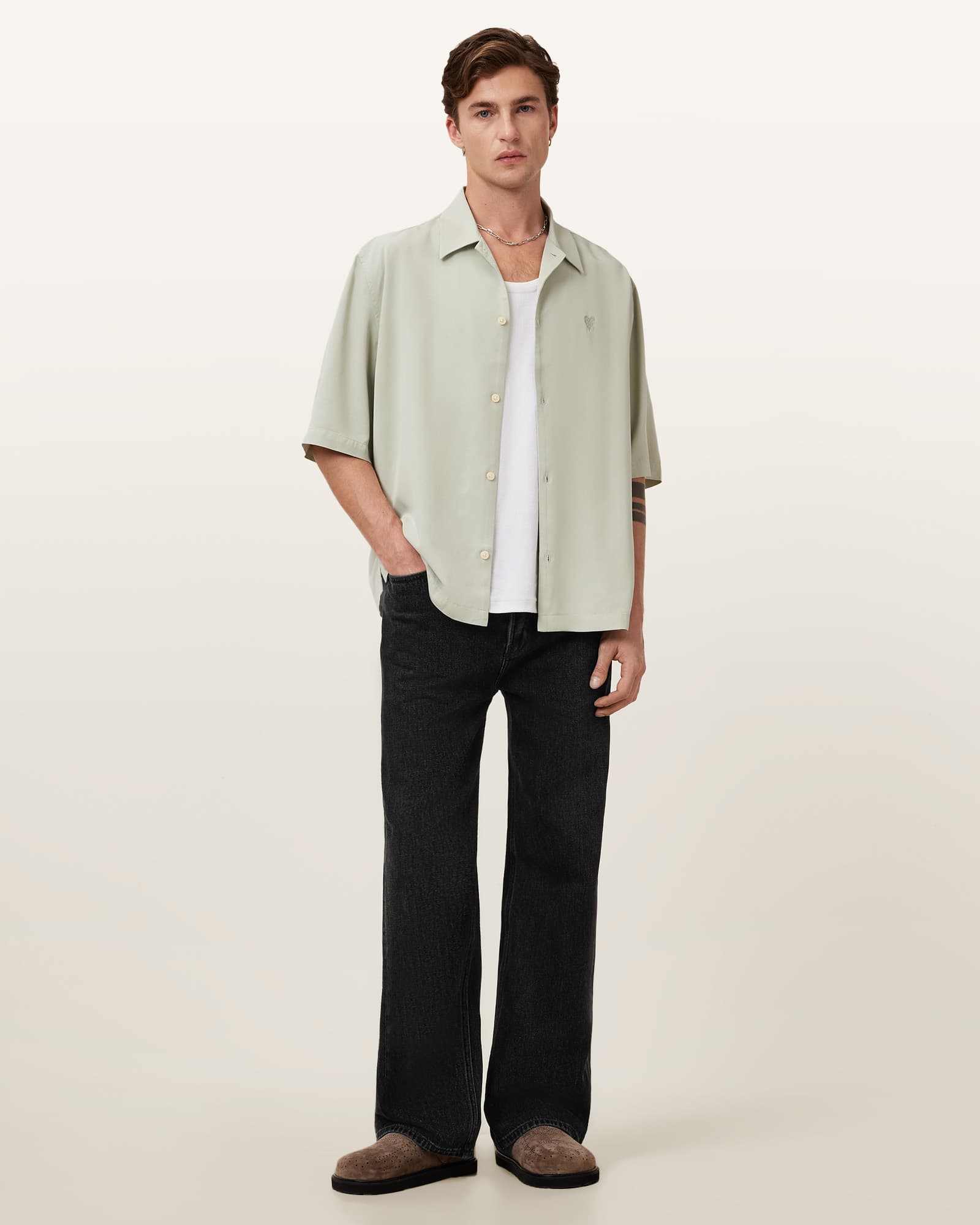 All Saints Rialto Oversized Short Sleeve Shirt Slate Green