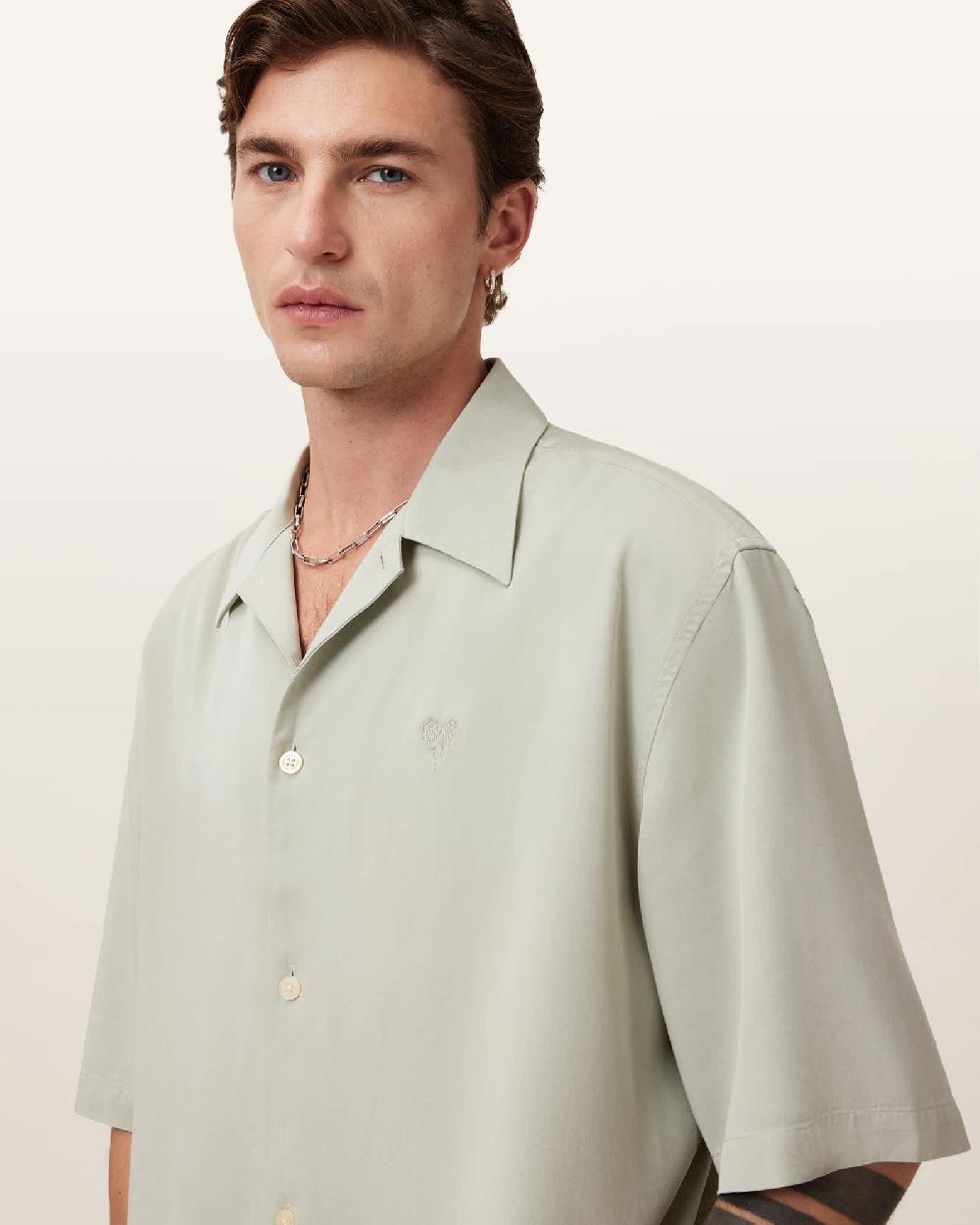 All Saints Rialto Oversized Short Sleeve Shirt Slate Green