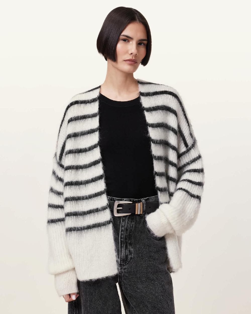 All Saints Riga Relaxed Fit Striped Cardigan CHALK WHITE/BLACK