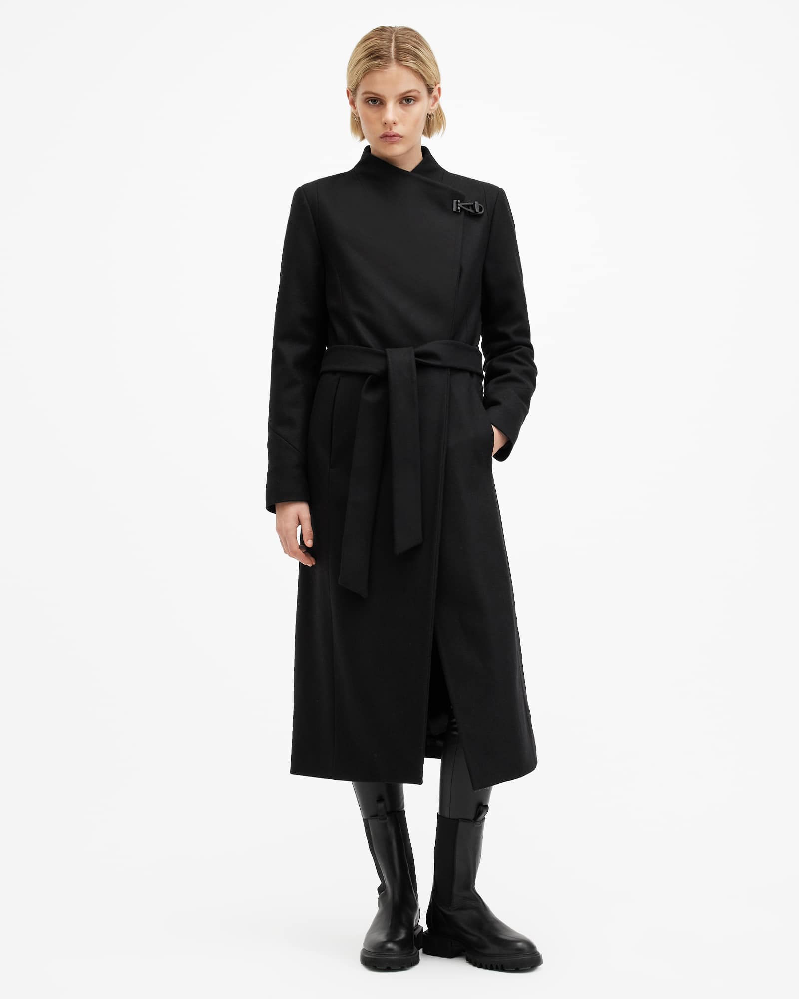 All Saints Riley Wrap Around Belted Long Line Coat Black
