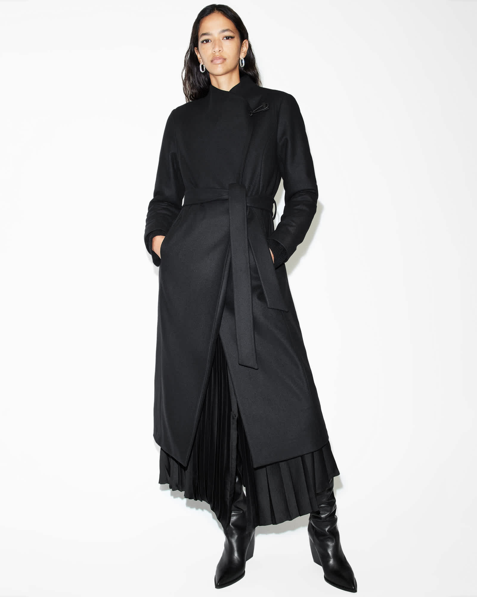 All Saints Riley Wrap Around Belted Long Line Coat Black