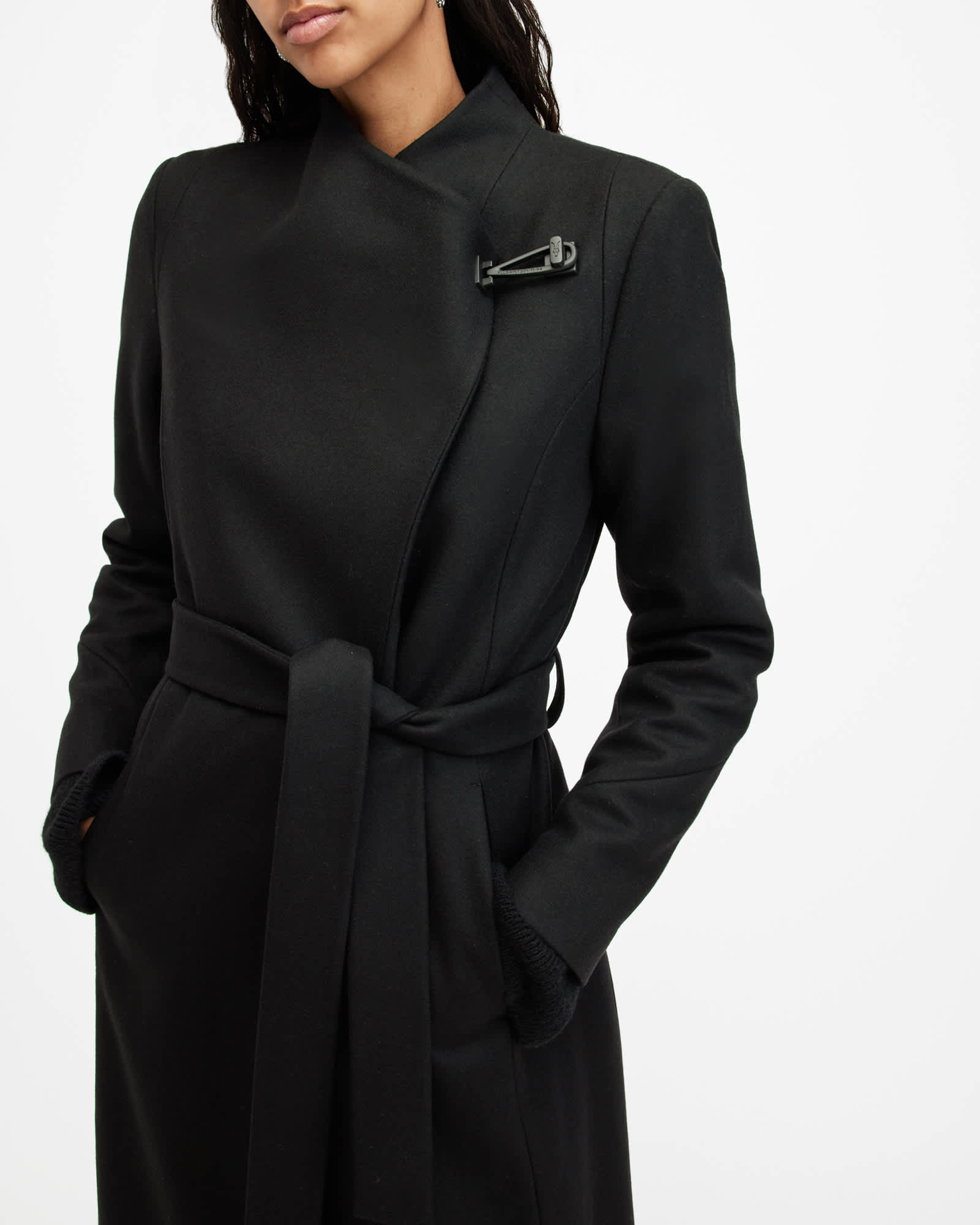 All Saints Riley Wrap Around Belted Long Line Coat Black