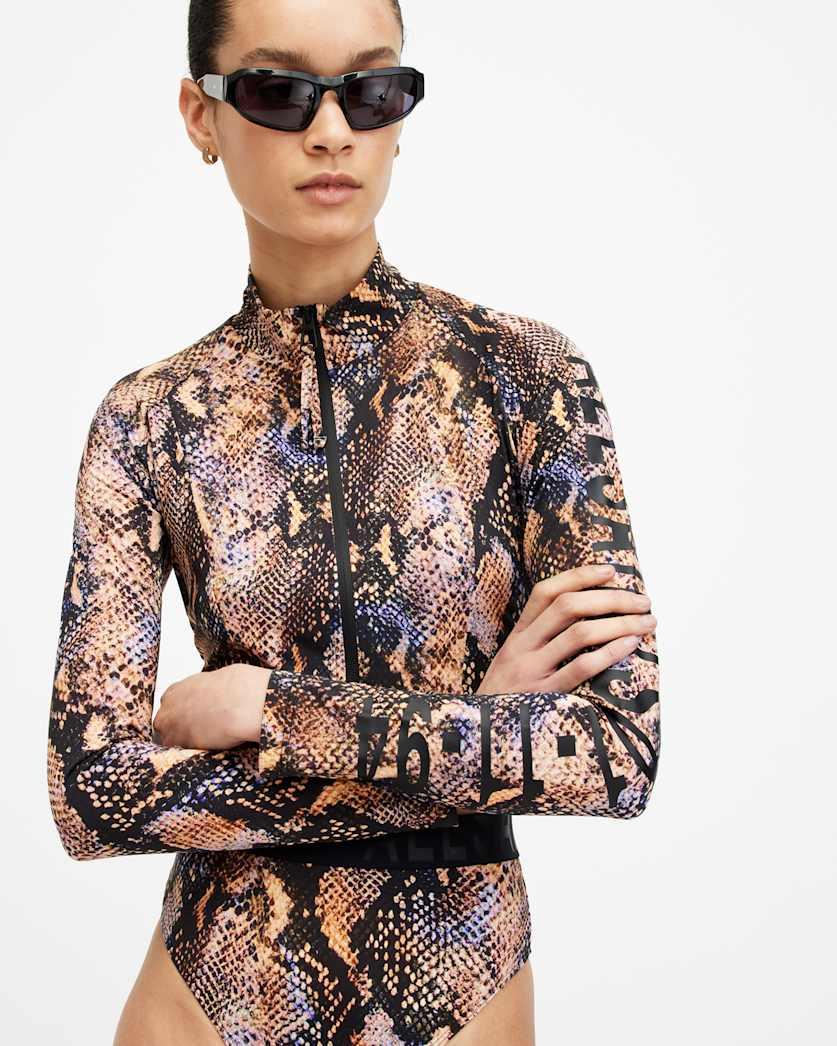 all saints Rina Bodycon Zip Through Rash Vest Tahoe Brown