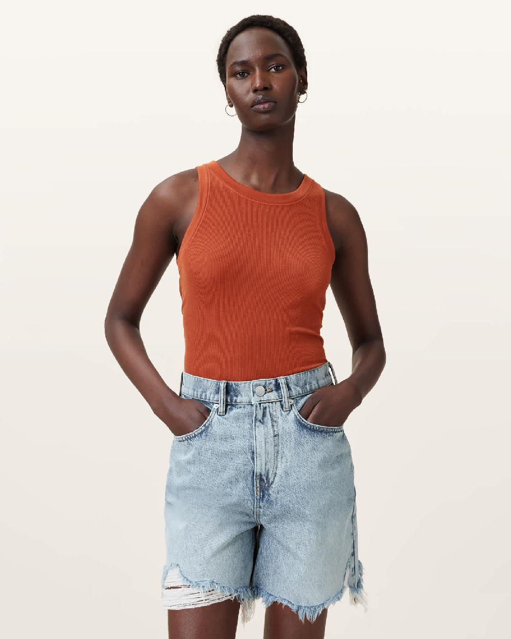 All Saints Rina Crew Neck Sleeveless Tank Top Burnt Brick Red