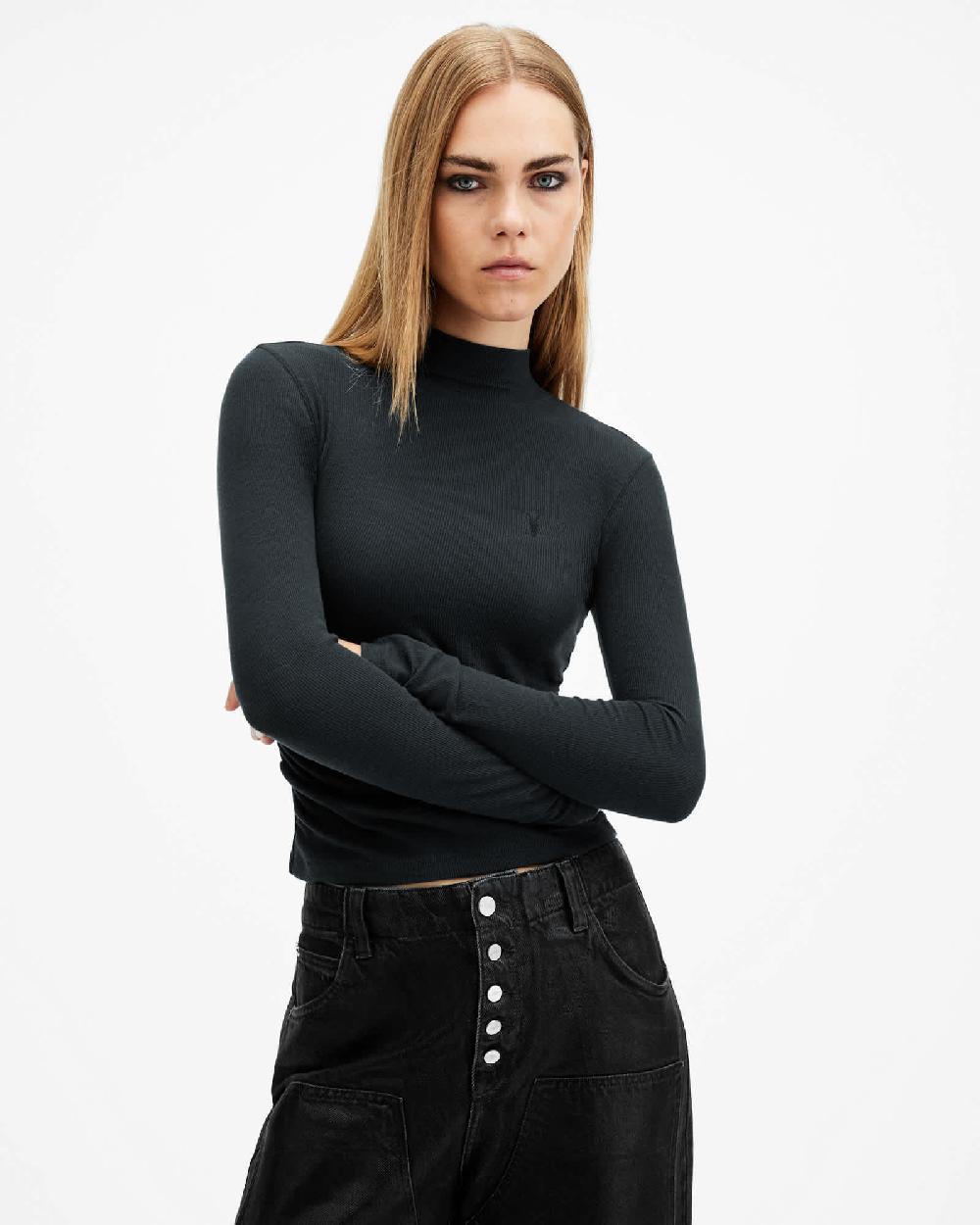All Saints Rina Long Sleeve Roll Neck T-Shirt Midnight Blue