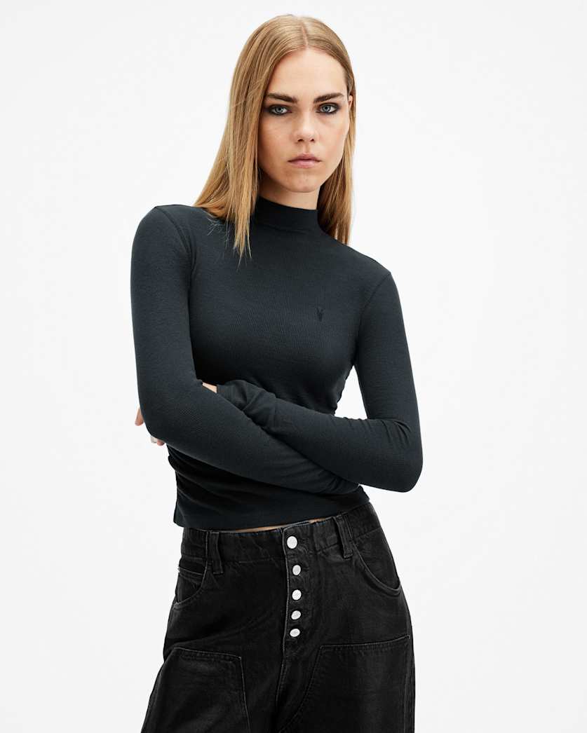 all saints Rina Long Sleeve Roll Neck T-Shirt Midnight Blue