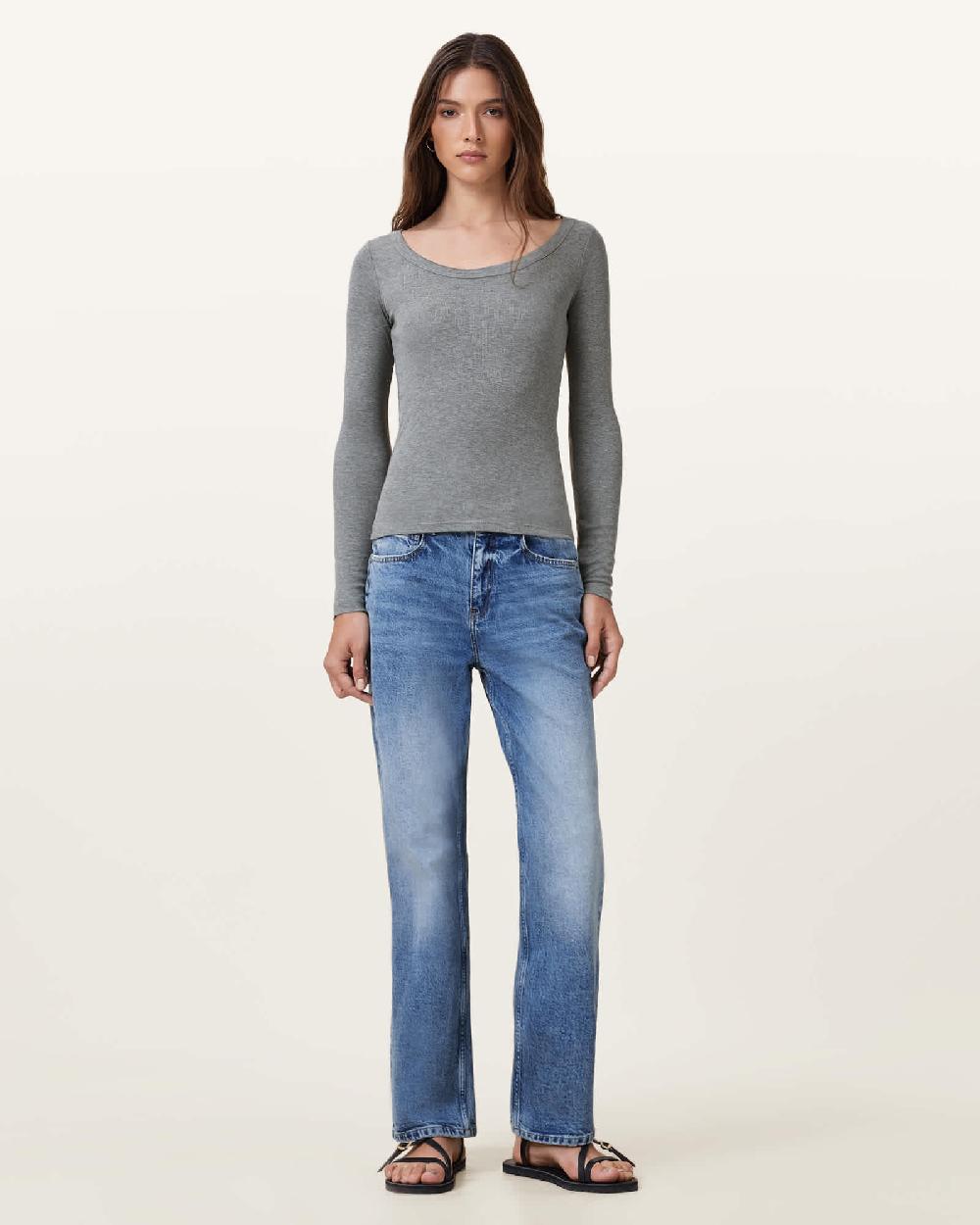 All Saints Rina Long Sleeve Scoop Neck T-Shirt Charcoal Marl