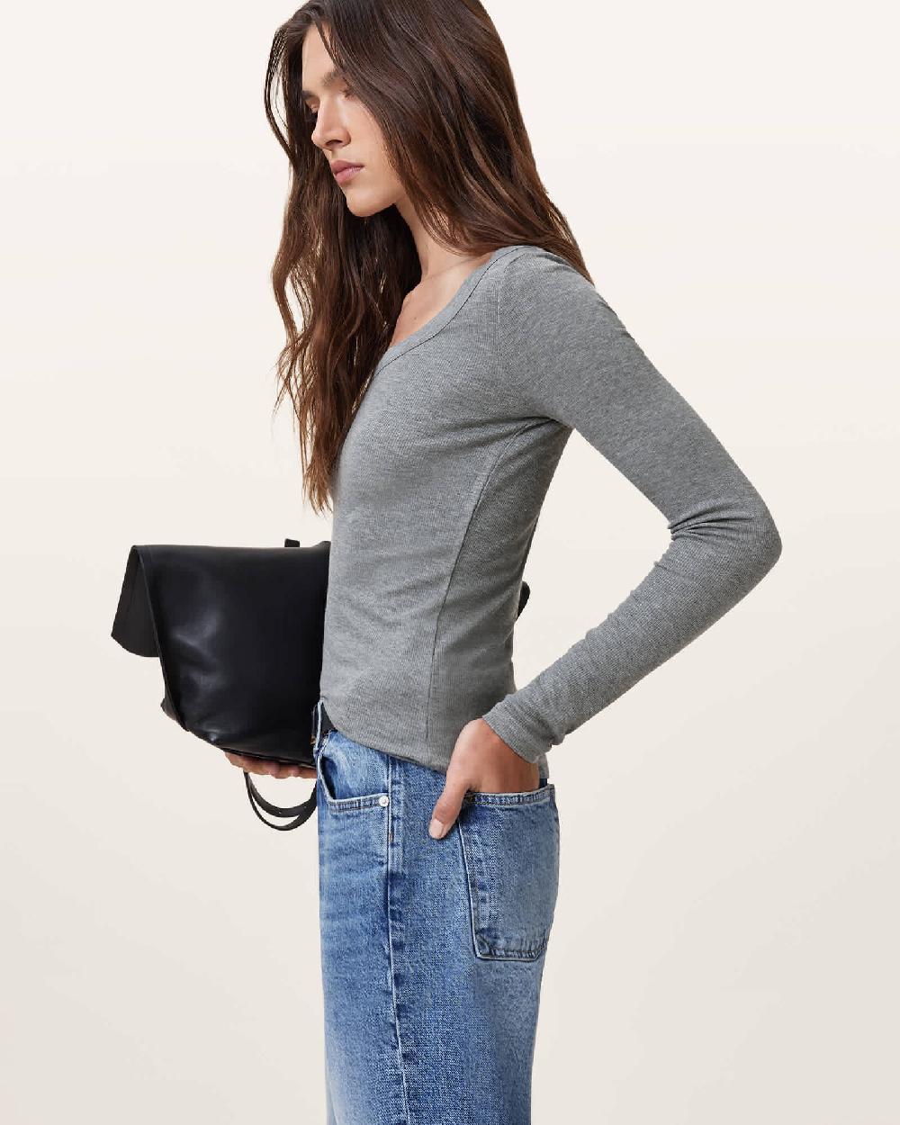 All Saints Rina Long Sleeve Scoop Neck T-Shirt Charcoal Marl