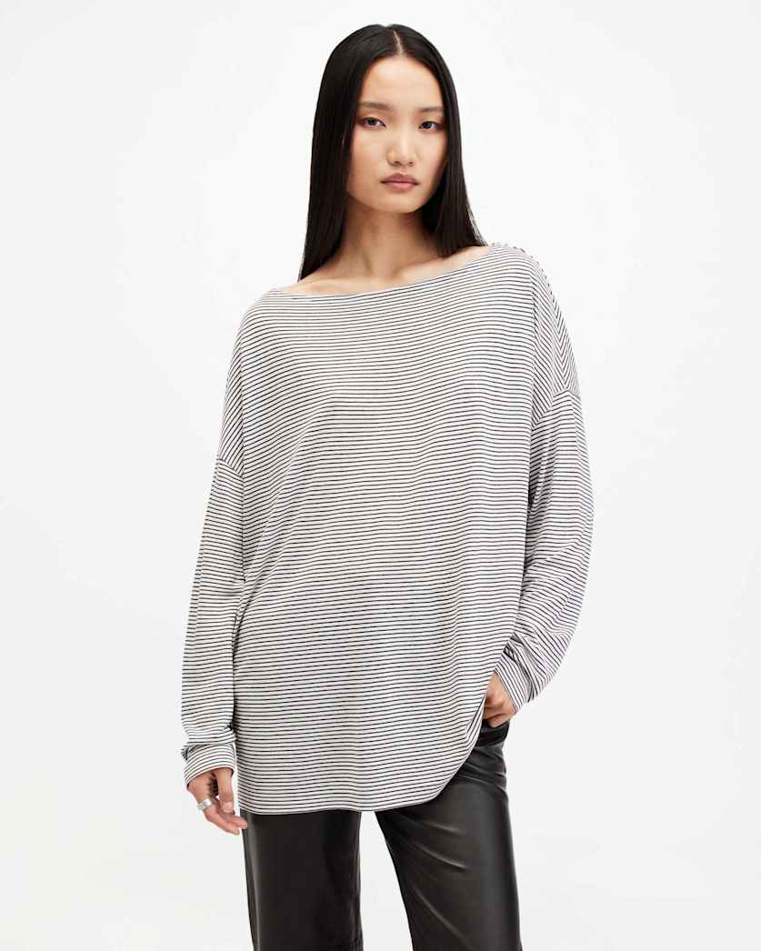 all saints Rita Oversized Stripe T-Shirt CHALK WHITE/INK