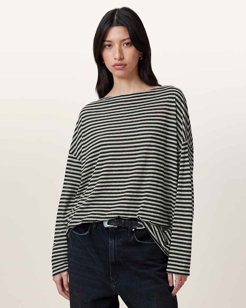 all saints Rita Relaxed Fit Striped T-Shirt Chalk/Ink