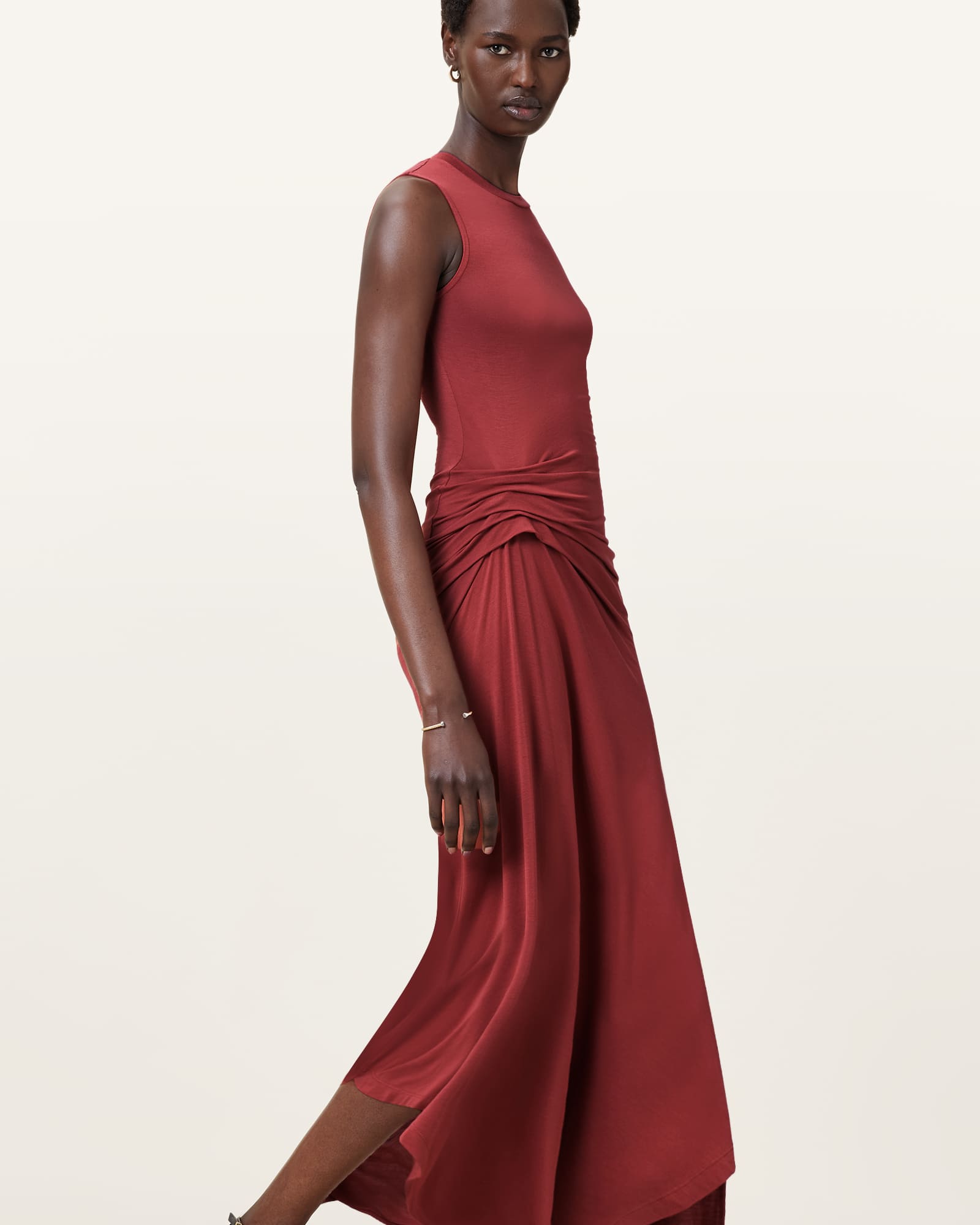 All Saints Rivi Draped Sleeveless Midi Dress Burnt Brick Red
