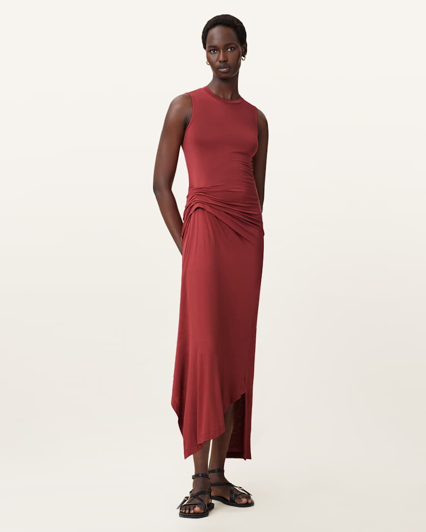 all saints Rivi Draped Sleeveless Midi Dress Burnt Brick Red