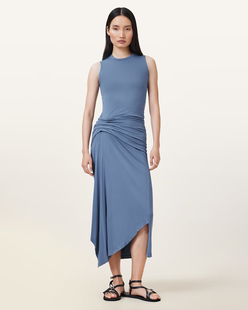 all saints Rivi Draped Sleeveless Midi Dress Flint Stone Blue