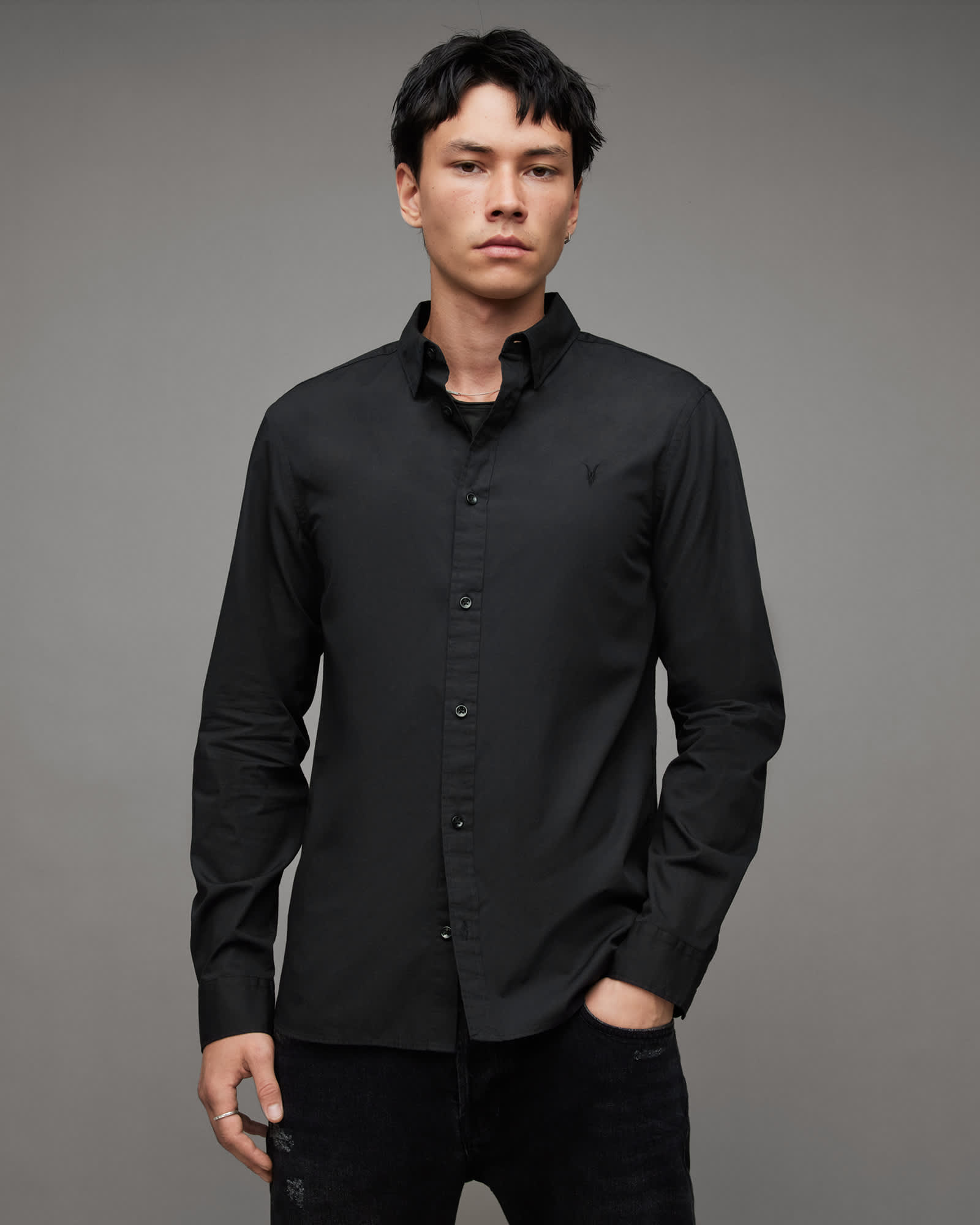 All Saints Riviera Long Sleeve Ramskull Shirt Black