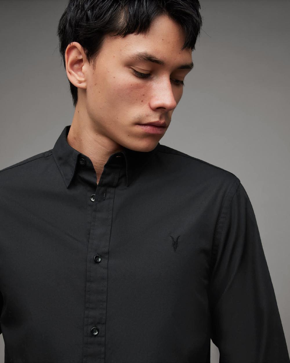 All Saints Riviera Long Sleeve Ramskull Shirt Black