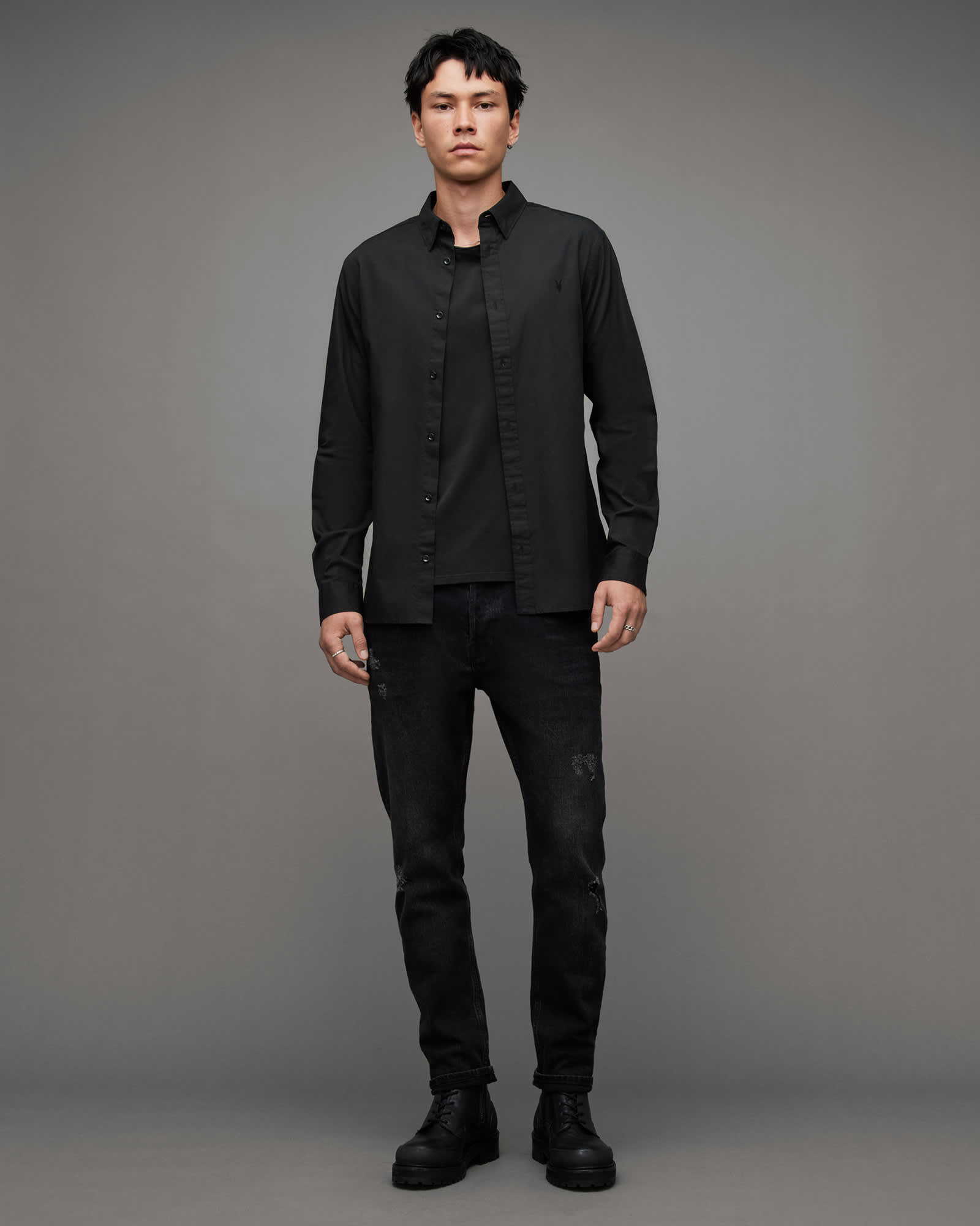 All Saints Riviera Long Sleeve Ramskull Shirt Black