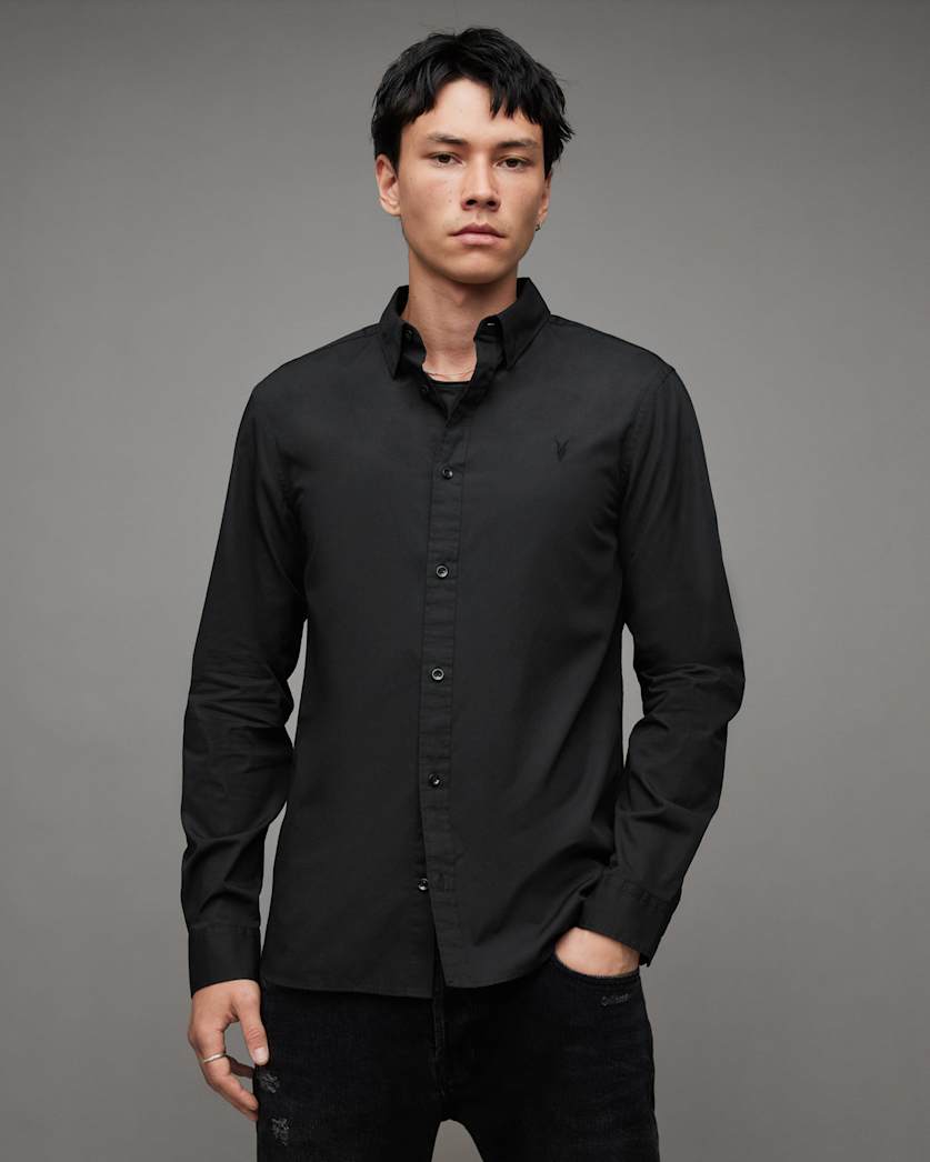 all saints Riviera Long Sleeve Ramskull Shirt Black