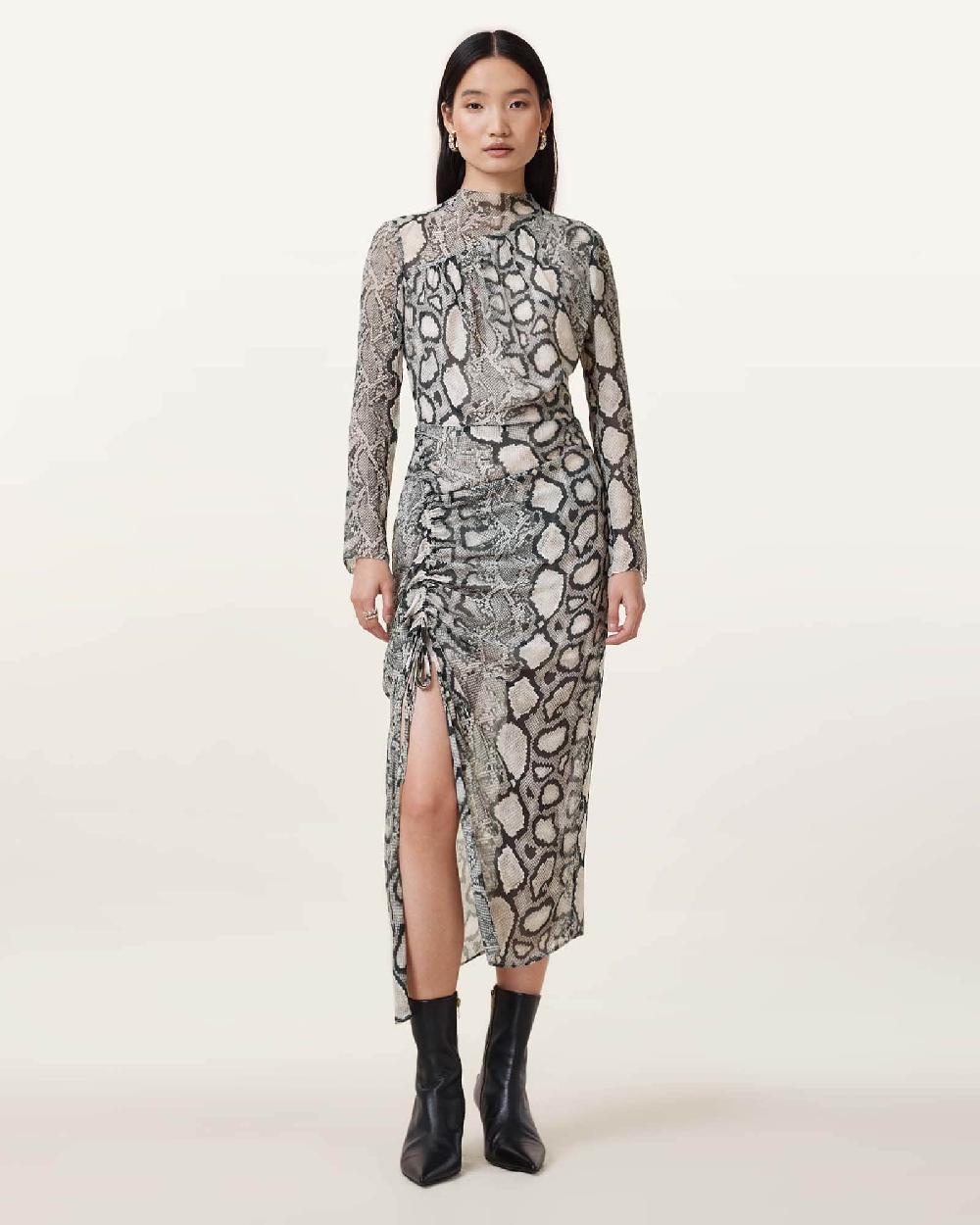 All Saints Rizo Snake Print Silk Blend Midi Dress Flow Ecru White
