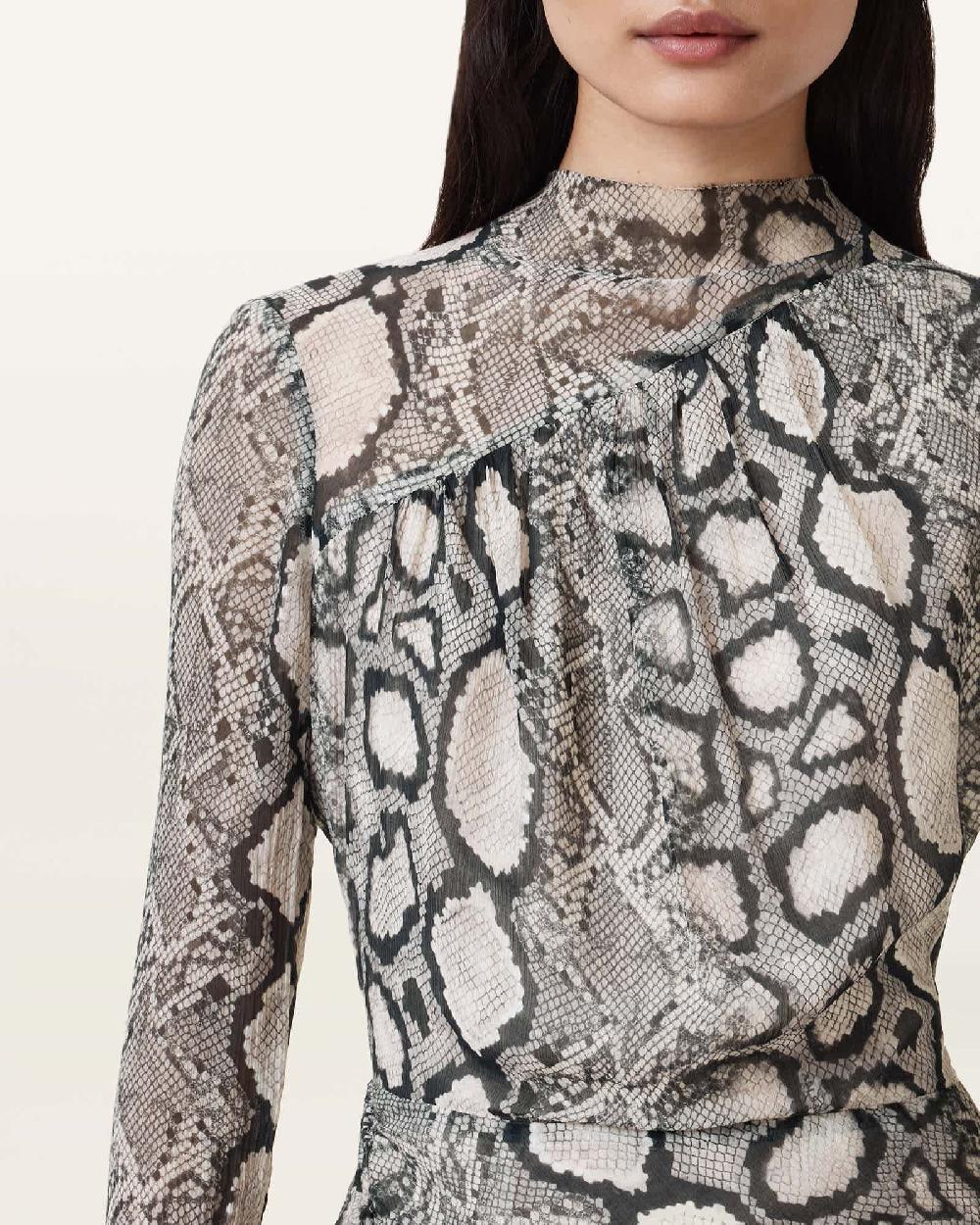 All Saints Rizo Snake Print Silk Blend Midi Dress Flow Ecru White